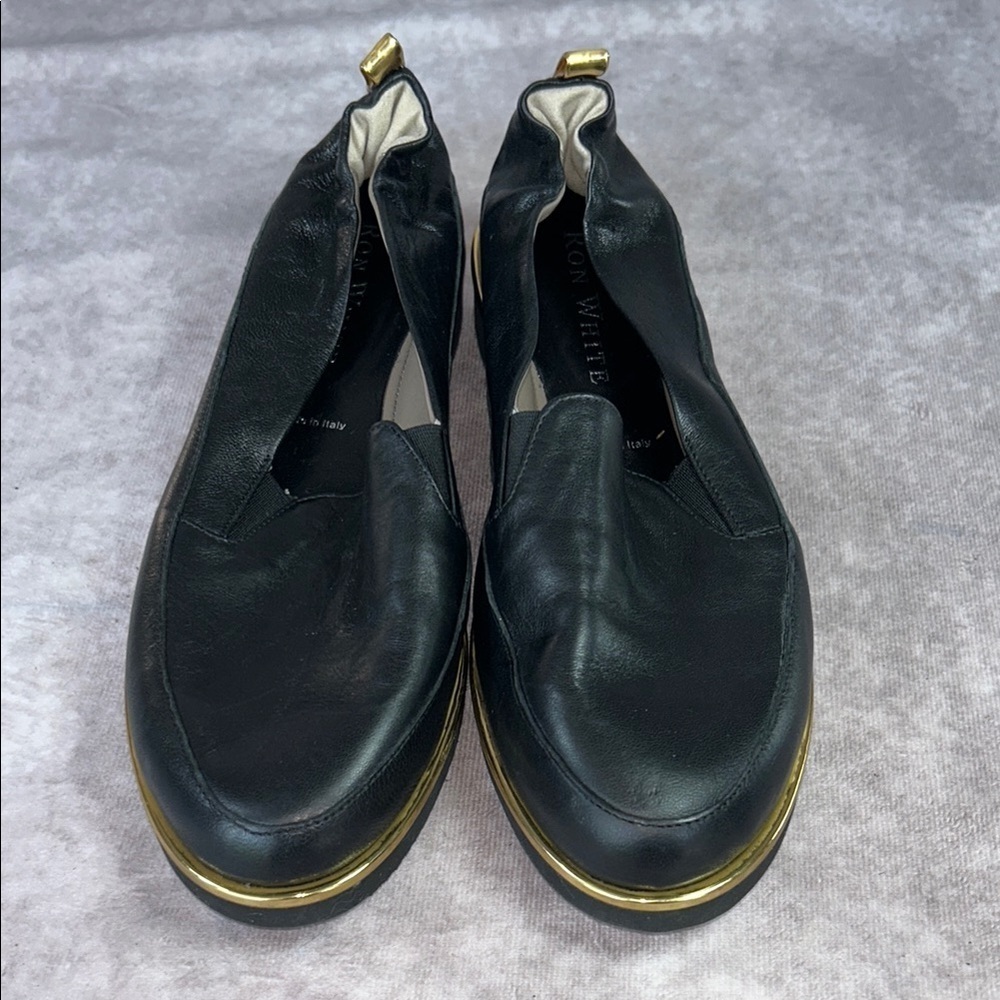 Ron White Unsized NWOT Black Leather Slip-On Loafers Gold Trim Women US 6 1/2 - Picture 7 of 8